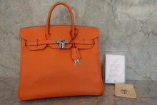 画像をギャラリービューアに読み込む, HERMES／エルメス オータクロア32 ヴォーエプソン オレンジ □L刻印 ハンドバッグ 800020016
