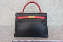 画像をギャラリービューアに読み込む, HERMES/エルメス ケリー32 ヴォーガリバー ブラック/ルージュヴィフ 〇Z刻印 ショルダーバッグ 800030045
